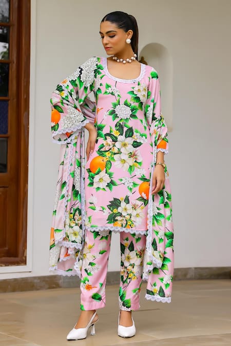 Sanam Pink Muslin Lace Round Neck Alia Floral Print Kurta Set 