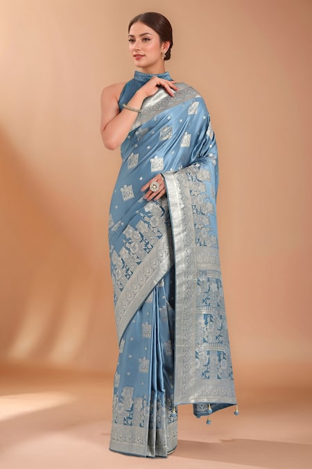 Samyukta Singhania Blue Zari High Neck Woven Banarasi Silk Saree With Blouse 