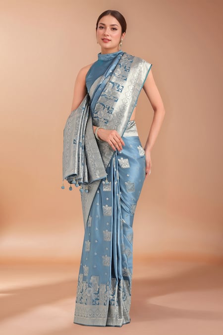 Buy_Samyukta Singhania_Blue Zari High Neck Woven Banarasi Silk Saree With Blouse _Online_at_Aza_Fashions