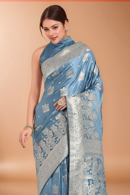 Shop_Samyukta Singhania_Blue Zari High Neck Woven Banarasi Silk Saree With Blouse _Online_at_Aza_Fashions