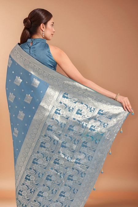 Buy_Samyukta Singhania_Blue Zari High Neck Woven Banarasi Silk Saree With Blouse 