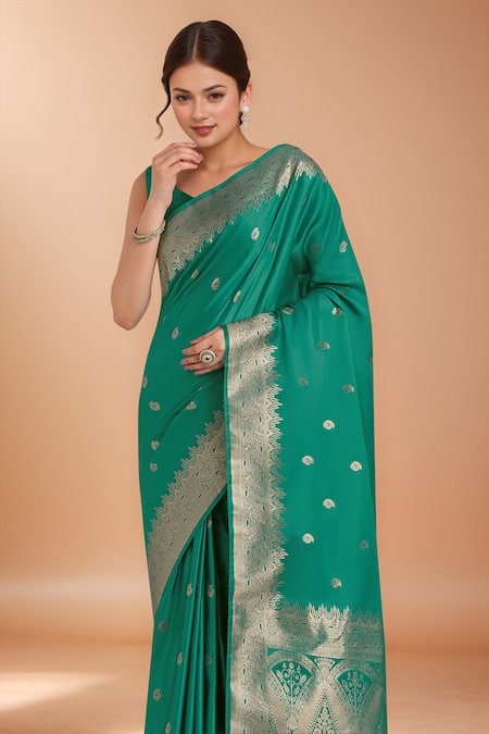 Shop_Samyukta Singhania_Turquoise Zari Round Neck Woven Banarasi Saree With Blouse _Online_at_Aza_Fashions