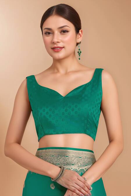 Shop_Samyukta Singhania_Turquoise Zari Round Neck Woven Banarasi Saree With Blouse 