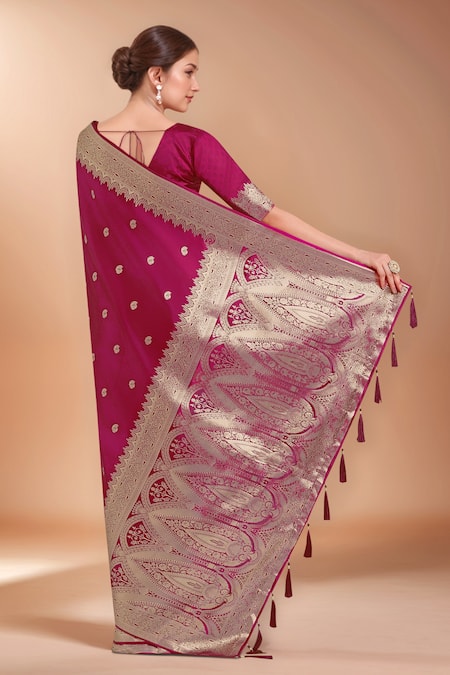 Shop Samyukta Singhania Pink Tassels, Zari V-neck Woven Banarasi Silk Saree With Blouse at Aza Fashions Shop_Samyukta Singhania_Pink Tassels, Zari V-neck Woven Banarasi Silk Saree With Blouse_at_Aza_Fashions