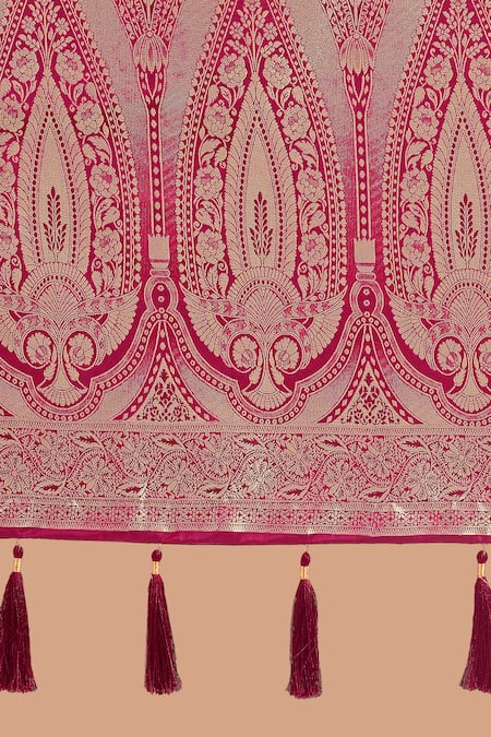 Samyukta Singhania Pink Tassels, Zari V-neck Woven Banarasi Silk Saree With Blouse Online at Aza Fashions Samyukta Singhania_Pink Tassels, Zari V-neck Woven Banarasi Silk Saree With Blouse_Online_at_Aza_Fashions