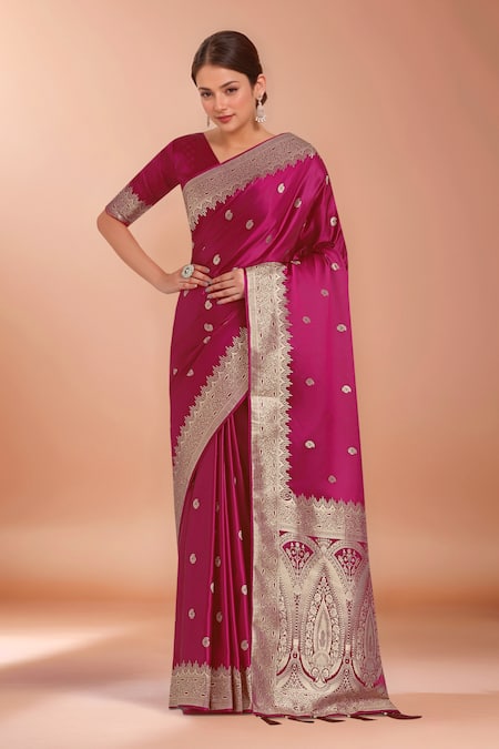 Buy Samyukta Singhania Pink Tassels, Zari V-neck Woven Banarasi Silk Saree With Blouse Online at Aza Fashions Buy_Samyukta Singhania_Pink Tassels, Zari V-neck Woven Banarasi Silk Saree With Blouse_Online_at_Aza_Fashions