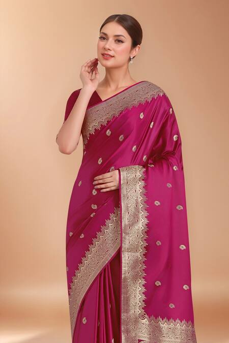 Shop Samyukta Singhania Pink Tassels, Zari V-neck Woven Banarasi Silk Saree With Blouse Online at Aza Fashions Shop_Samyukta Singhania_Pink Tassels, Zari V-neck Woven Banarasi Silk Saree With Blouse_Online_at_Aza_Fashions