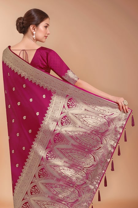 Samyukta Singhania Pink Tassels, Zari V-neck Woven Banarasi Silk Saree With Blouse at Aza Fashions Samyukta Singhania_Pink Tassels, Zari V-neck Woven Banarasi Silk Saree With Blouse_at_Aza_Fashions