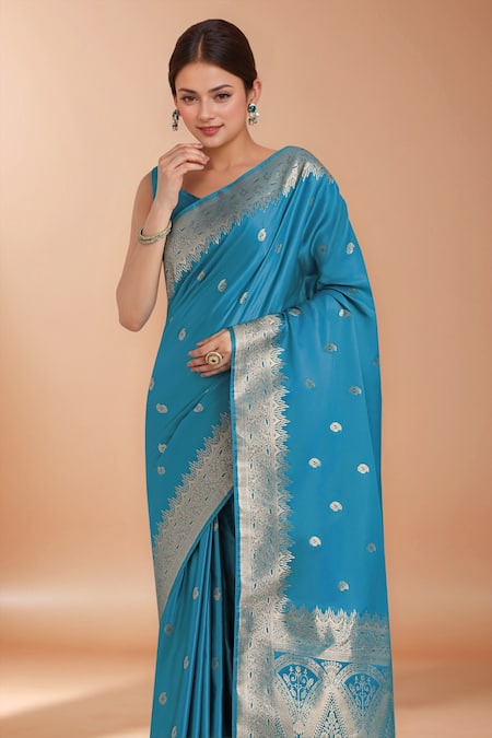 Buy_Samyukta Singhania_Blue Zari Sweetheart Neck Woven Banarasi Silk Saree With Blouse _Online_at_Aza_Fashions