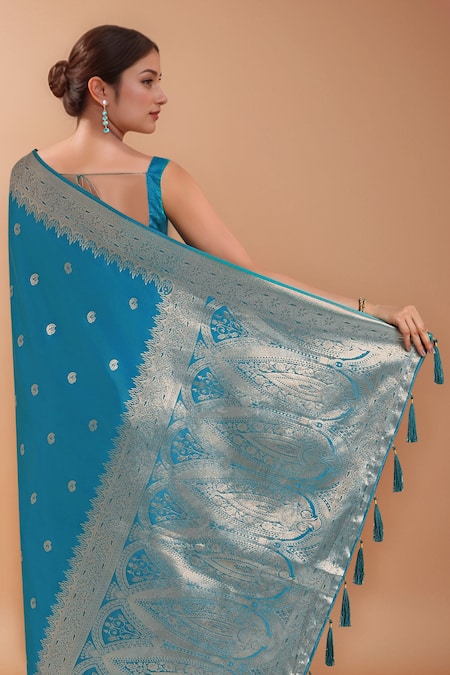 Shop_Samyukta Singhania_Blue Zari Sweetheart Neck Woven Banarasi Silk Saree With Blouse _Online_at_Aza_Fashions
