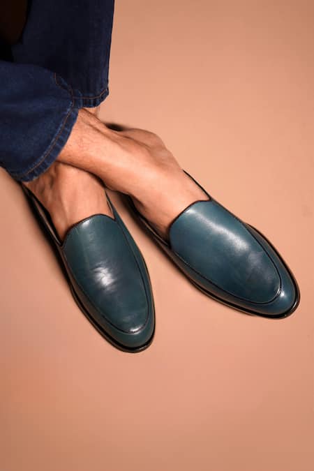 Shop Dmodot Blue Leather Mules at Aza Fashions Shop_Dmodot_Blue Leather Mules _at_Aza_Fashions