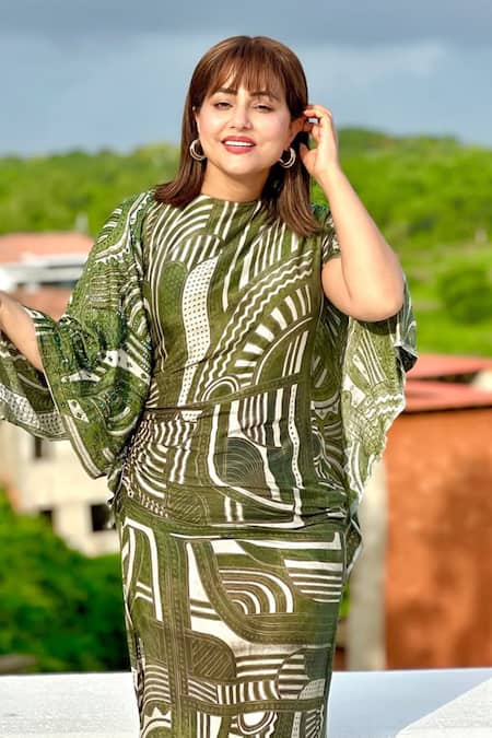 Shop_Nirmooha_Multi Color Muslin, Cotton Geometric Print Maxi Dress With Embroidered Sleeves _Online_at_Aza_Fashions