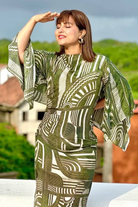 Buy_Nirmooha_Multi Color Muslin, Cotton Geometric Print Maxi Dress With Embroidered Sleeves 