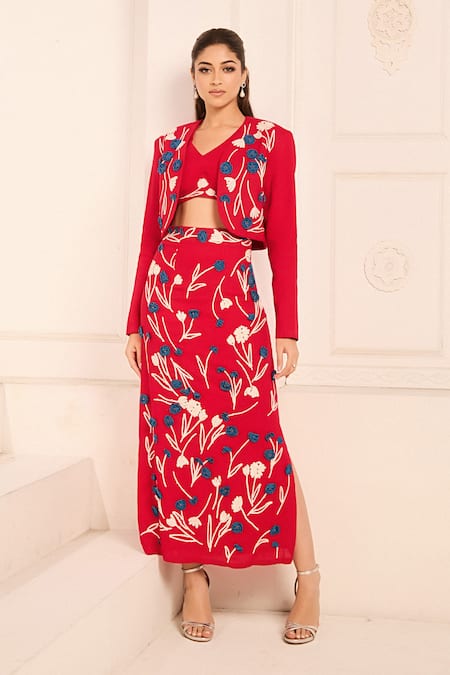 Nirmooha Red Cotton Embroidery Plunge Neck Flower Skirt Set With Bralette