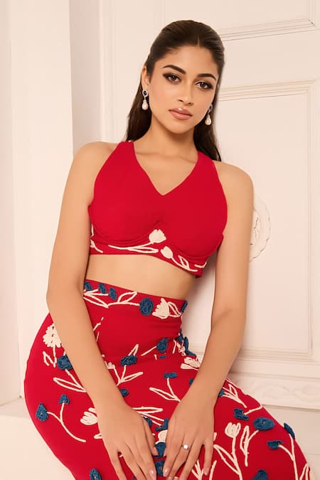 Nirmooha Red Cotton Embroidery Plunge Neck Flower Skirt With Bralette at Aza Fashions Nirmooha_Red Cotton Embroidery Plunge Neck Flower Skirt With Bralette _at_Aza_Fashions