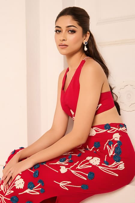Buy Nirmooha Red Cotton Embroidery Plunge Neck Flower Skirt With Bralette Buy_Nirmooha_Red Cotton Embroidery Plunge Neck Flower Skirt With Bralette