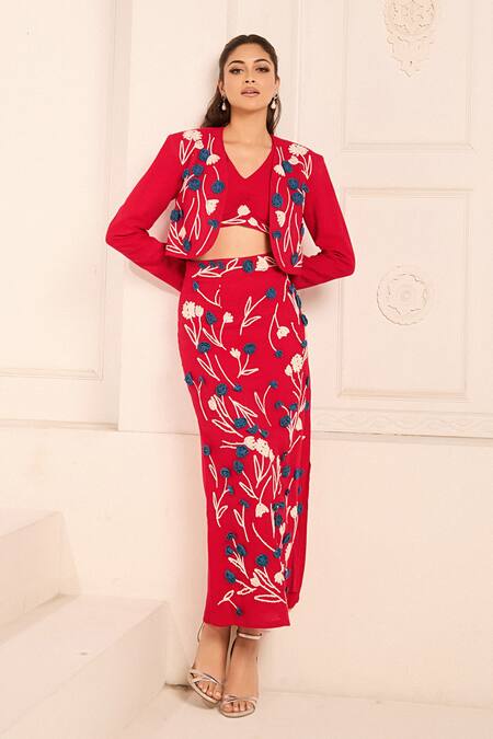 Buy Nirmooha Red Cotton Embroidery Open Neck Flower Jacket Online at Aza Fashions Buy_Nirmooha_Red Cotton Embroidery Open Neck Flower Jacket _Online_at_Aza_Fashions
