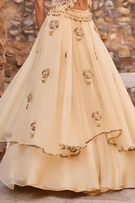 Awigna_Gold Organza Applique, Beads, Metallic Champagne Short Jacket Layered Skirt Set _Online_at_Aza_Fashions