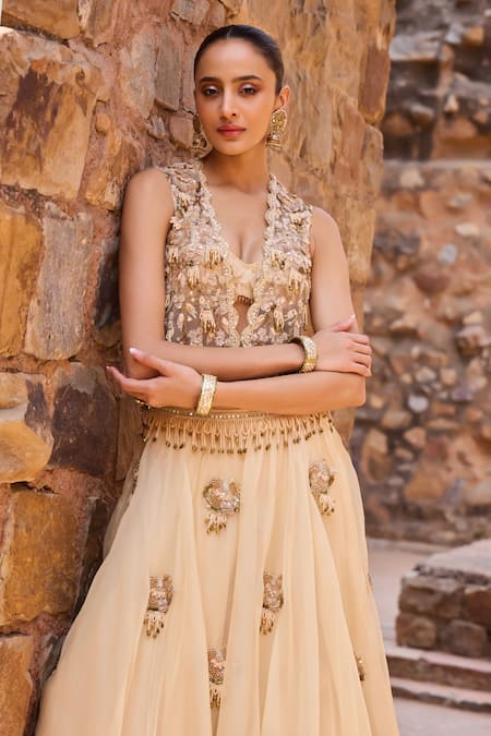 Buy_Awigna_Gold Organza Applique, Beads, Metallic Champagne Short Jacket Layered Skirt Set _Online_at_Aza_Fashions