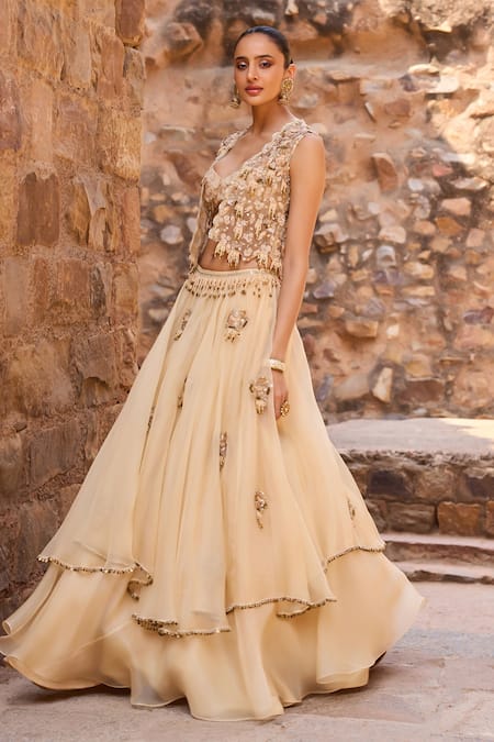 Shop_Awigna_Gold Organza Applique, Beads, Metallic Champagne Short Jacket Layered Skirt Set _Online_at_Aza_Fashions