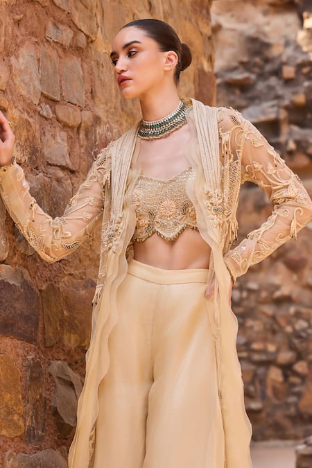 Awigna_Gold Organza Applique, Beads, Metallic Champagne Short Jacket Layered Skirt Set _at_Aza_Fashions