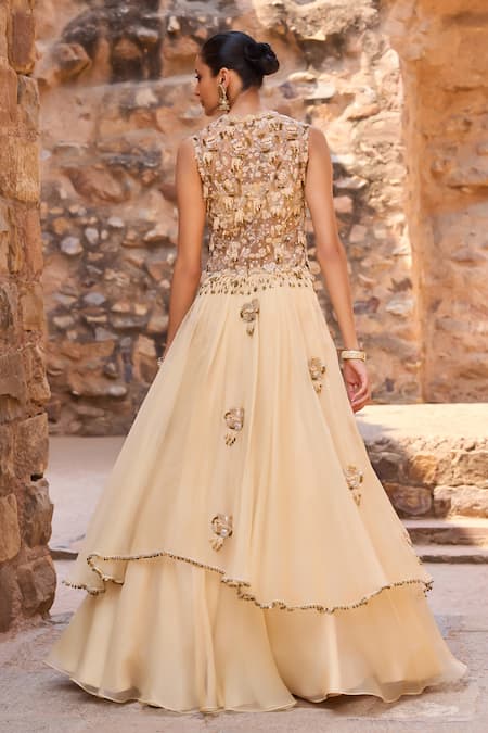 Awigna Champagne Short Jacket Layered Skirt Set 