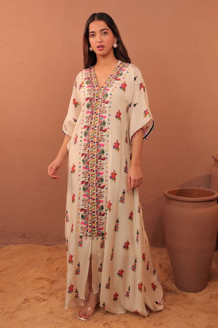 Shop_Surkh Syahi_Off White Muslin Mirrors, Tassels, Beads V-neck Albeli Long Kaftan _Online_at_Aza_Fashions