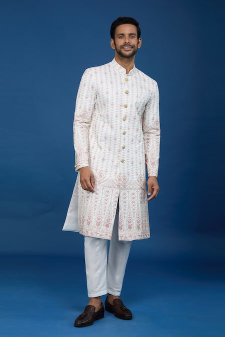 Buy_Arihant Rai Sinha_Off White Silk, Polyester, Viscose Embroidery Leaf Stripe Sherwani Set _Online_at_Aza_Fashions