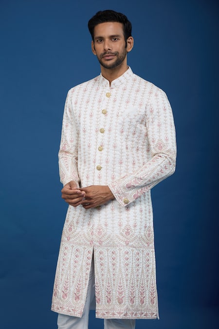 Shop_Arihant Rai Sinha_Off White Silk, Polyester, Viscose Embroidery Leaf Stripe Sherwani Set _Online_at_Aza_Fashions