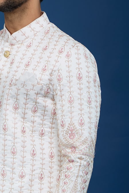 Arihant Rai Sinha_Off White Silk, Polyester, Viscose Embroidery Leaf Stripe Sherwani Set _at_Aza_Fashions