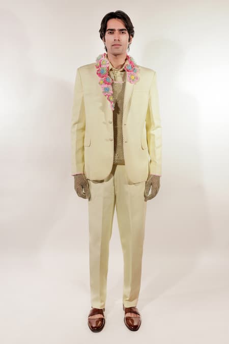 Jubinav Chadha Green Linen, Tissue Fabric Flowers Crochet Garland Embroidered Blazer Set