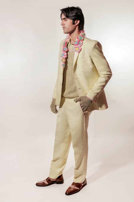 Shop Jubinav Chadha Green Linen, Tissue Fabric Flowers Crochet Garland Embroidered Blazer Set Shop_Jubinav Chadha_Green Linen, Tissue Fabric Flowers Crochet Garland Embroidered Blazer Set