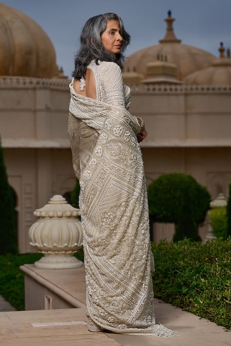 Buy_Tarun Tahiliani_Ivory Pearls, Crystals Round Embellished Tissue Kanjivaram Saree With Blouse _Online_at_Aza_Fashions