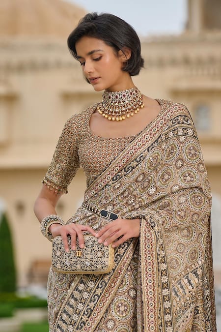 Tarun Tahiliani_Black Georgette Zari, Stones Round Neck Kashida Embroidered Saree With Blouse _Online_at_Aza_Fashions