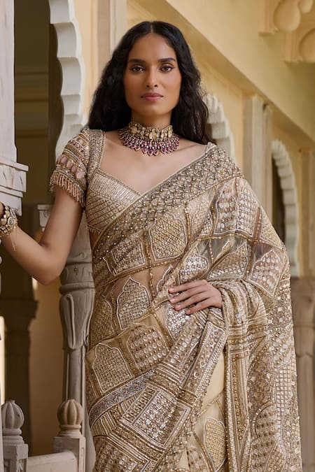 Tarun Tahiliani_Gold Tulle Sequins, Crystals Round Neck Jharoka Embroidered Saree With Blouse _Online_at_Aza_Fashions