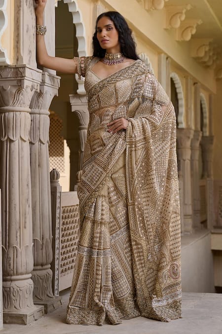 Tarun Tahiliani Jharoka Sequin Embroidered Saree With Blouse 