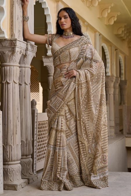 Buy_Tarun Tahiliani_Gold Tulle Sequins, Crystals Round Neck Jharoka Embroidered Saree With Blouse _Online_at_Aza_Fashions