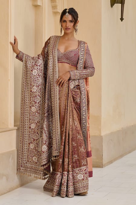 Tarun Tahiliani_Wine Silk, Dupion Sequins Round Neck Bidri Kanjivaram Saree With Blouse _Online_at_Aza_Fashions