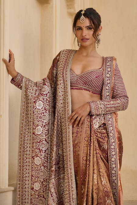 Buy_Tarun Tahiliani_Wine Silk, Dupion Sequins Round Neck Bidri Kanjivaram Saree With Blouse _Online_at_Aza_Fashions