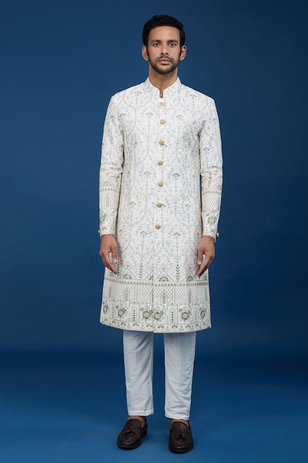 Arihant Rai Sinha Off White Silk, Polyester, Viscose Embroidery, Sequins Floral Sherwani Set Online at Aza Fashions Arihant Rai Sinha_Off White Silk, Polyester, Viscose Embroidery, Sequins Floral Sherwani Set _Online_at_Aza_Fashions