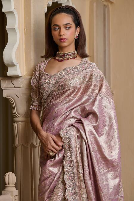 Tarun Tahiliani_Purple Silk Embroidery Round Neck Marori Kanjivaram Saree With Blouse _Online_at_Aza_Fashions
