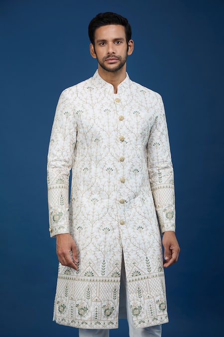 Shop Arihant Rai Sinha Off White Silk, Polyester, Viscose Embroidery, Sequins Floral Sherwani Set Online at Aza Fashions Shop_Arihant Rai Sinha_Off White Silk, Polyester, Viscose Embroidery, Sequins Floral Sherwani Set _Online_at_Aza_Fashions