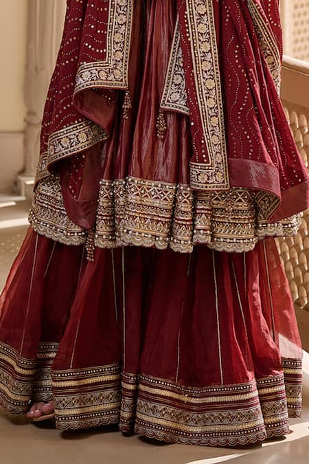 Tarun Tahiliani_Wine Silk, Chanderi Pearls, Stones, Sequins Bidri Embroidered Kurta Sharara Set _Online_at_Aza_Fashions