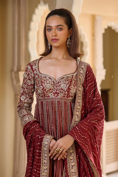 Buy_Tarun Tahiliani_Wine Silk, Chanderi Pearls, Stones, Sequins Bidri Embroidered Kurta Sharara Set _Online_at_Aza_Fashions
