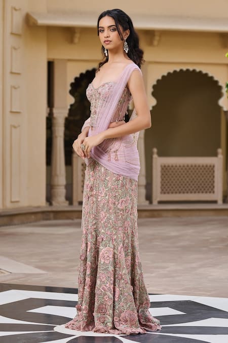 Tarun Tahiliani_Floral Fishtail Skirt & Corset _Online_at_Aza_Fashions