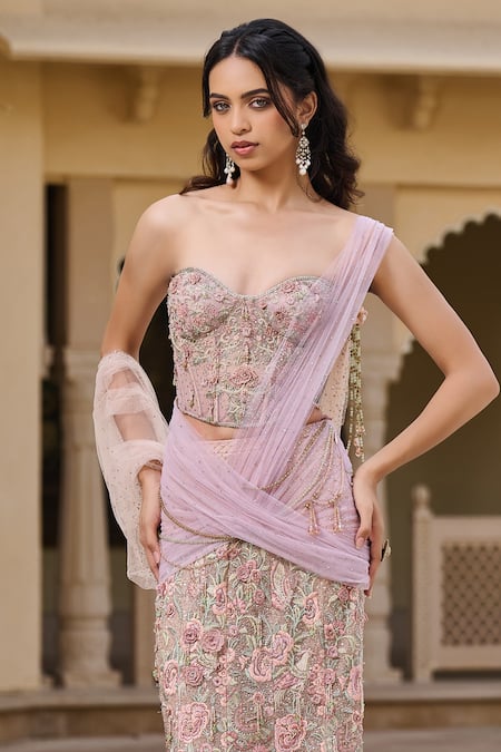 Buy_Tarun Tahiliani_Floral Fishtail Skirt & Corset _Online_at_Aza_Fashions