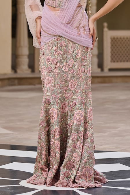 Shop_Tarun Tahiliani_Floral Fishtail Skirt & Corset _Online_at_Aza_Fashions