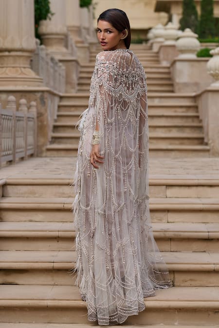 Tarun Tahiliani Ivory Lace, Tulle Crystals, Pearls Round Neck Embellished Cape Set Online at Aza Fashions Tarun Tahiliani_Ivory Lace, Tulle Crystals, Pearls Round Neck Embellished Cape Set _Online_at_Aza_Fashions