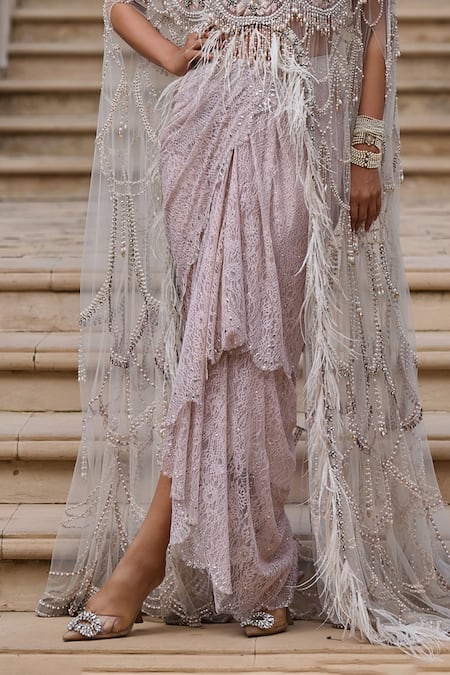 Buy Tarun Tahiliani Ivory Lace, Tulle Crystals, Pearls Round Neck Embellished Cape Set Online at Aza Fashions Buy_Tarun Tahiliani_Ivory Lace, Tulle Crystals, Pearls Round Neck Embellished Cape Set _Online_at_Aza_Fashions