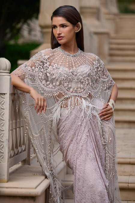 Shop Tarun Tahiliani Ivory Lace, Tulle Crystals, Pearls Round Neck Embellished Cape Set Online at Aza Fashions Shop_Tarun Tahiliani_Ivory Lace, Tulle Crystals, Pearls Round Neck Embellished Cape Set _Online_at_Aza_Fashions